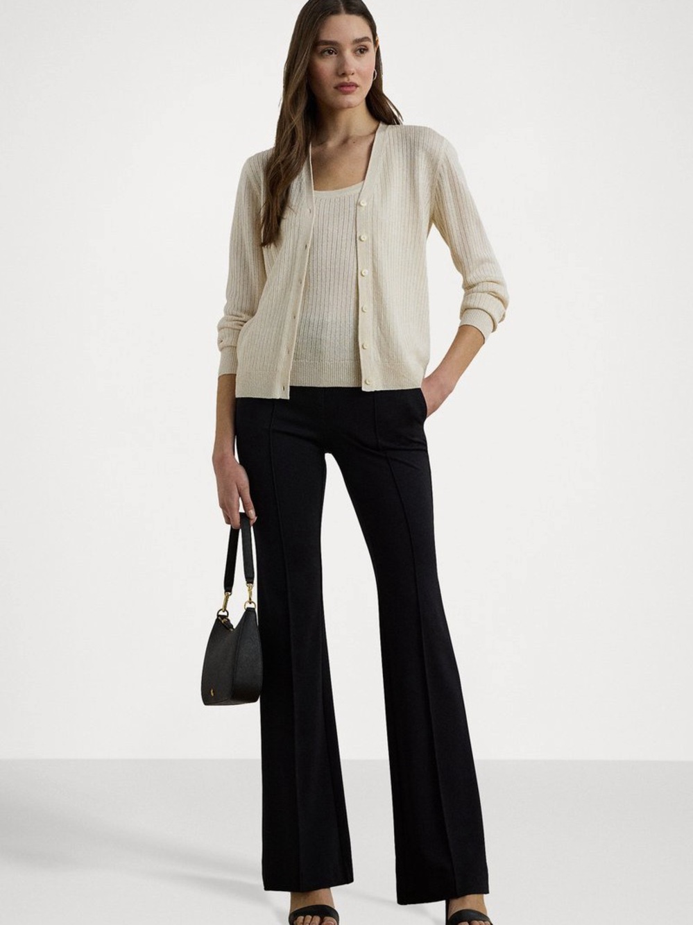 Cream Ribbed Cardigan & Shell Set with Black Trousers